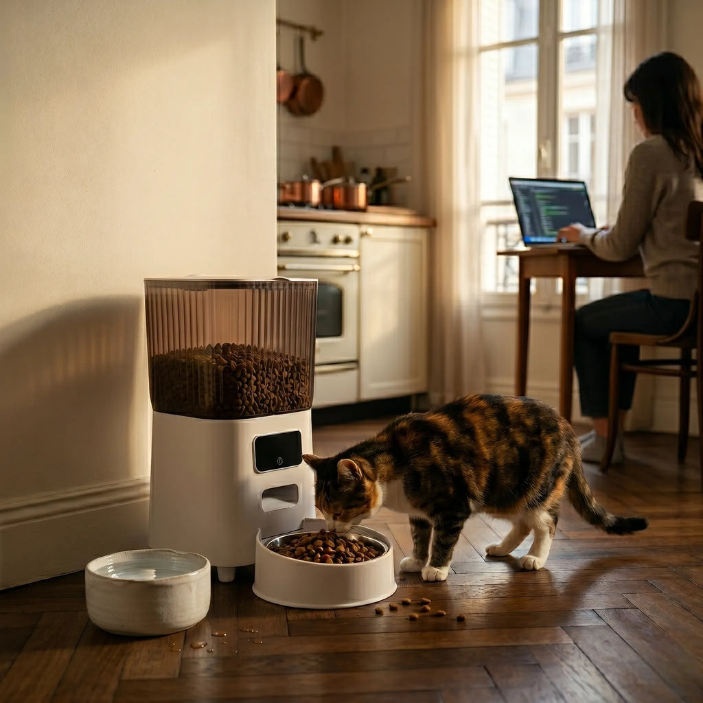 Distributeur croquettes intelligent chat dans un bureau à domicile