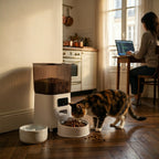 Distributeur croquettes intelligent chat dans un bureau à domicile