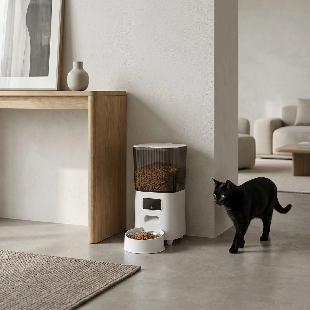Distributeur croquettes connecté chat avec finition et gamelle inox
