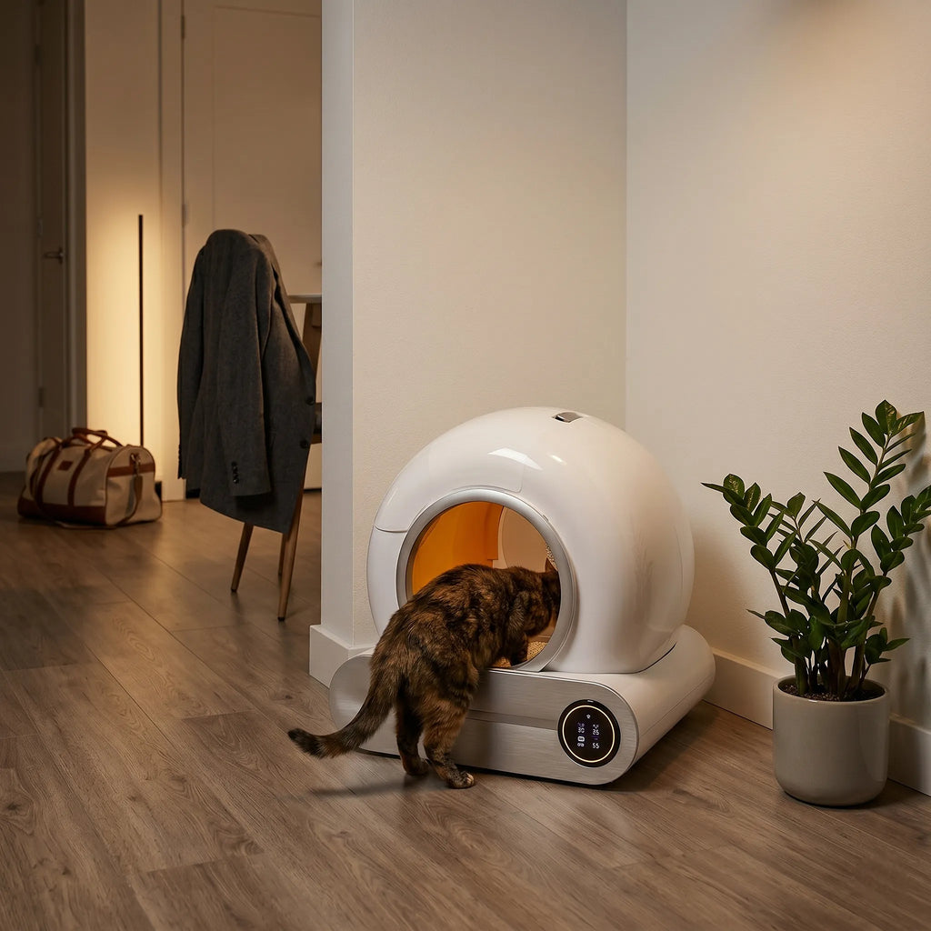 Chat qui rentre dans la litière confortable 