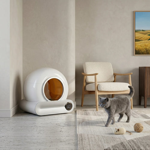 Litière automatique appartement Maison Féline intégrée dans un salon moderne urbain